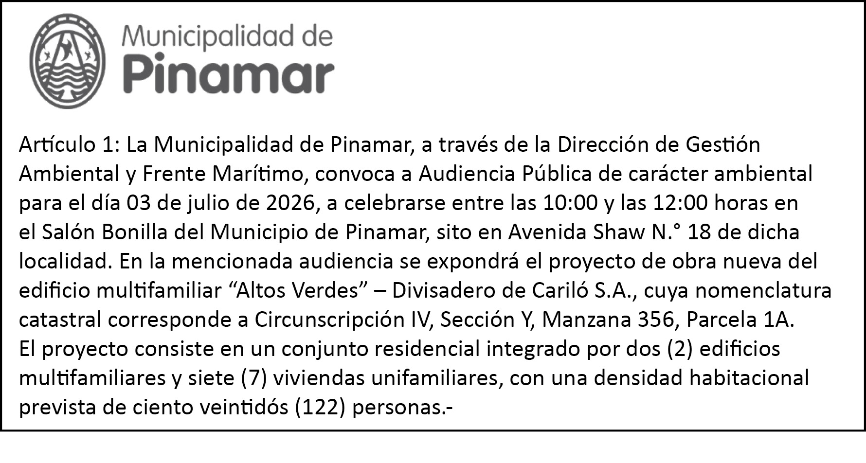 Audiencia P&uacute;blica de car&aacute;cter ambiental
