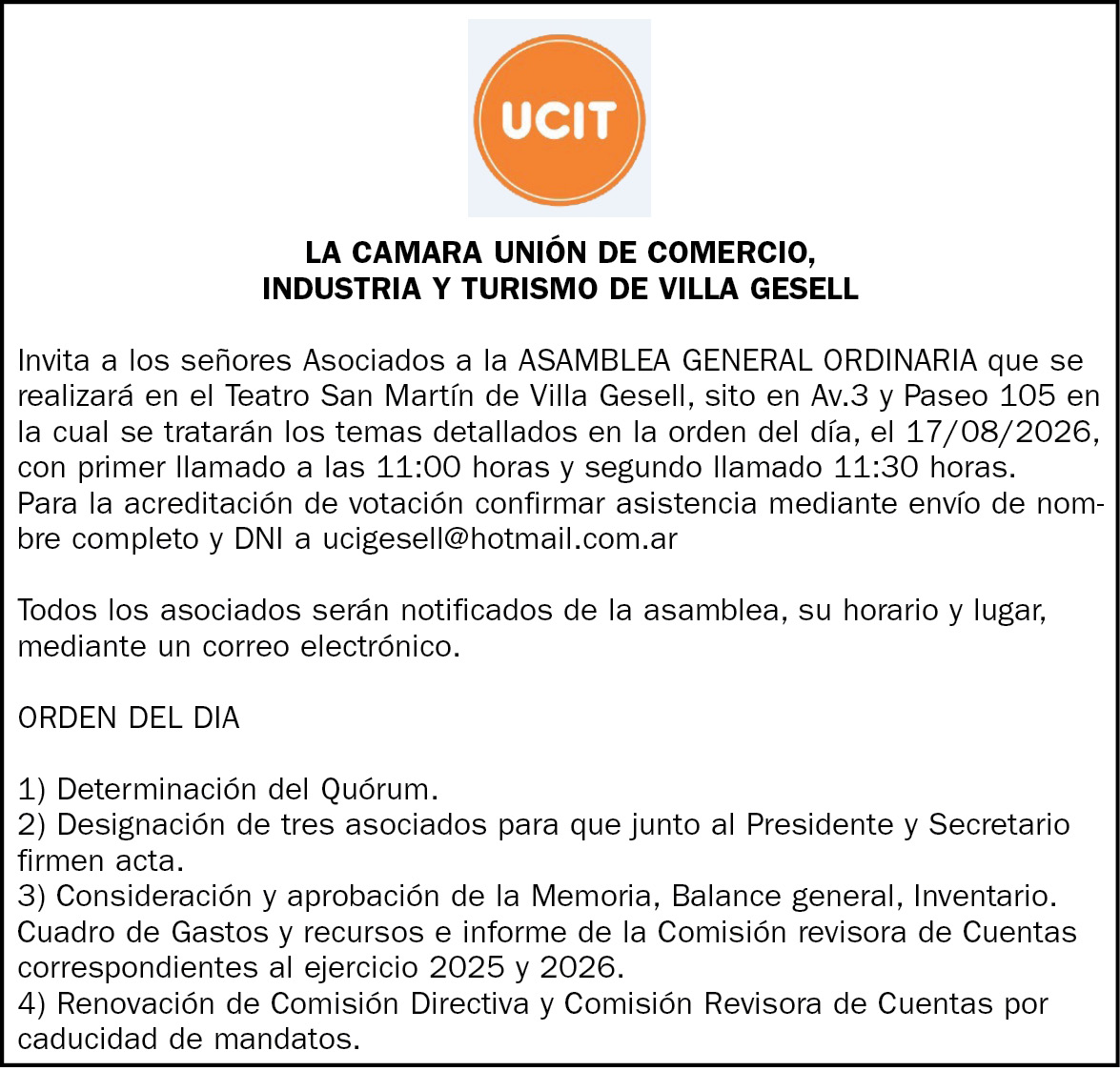 Asamblea General Ordinaria de la C&aacute;mara Uni&oacute;n de Comercio,  Industria y Turismo de Villa Gesell
