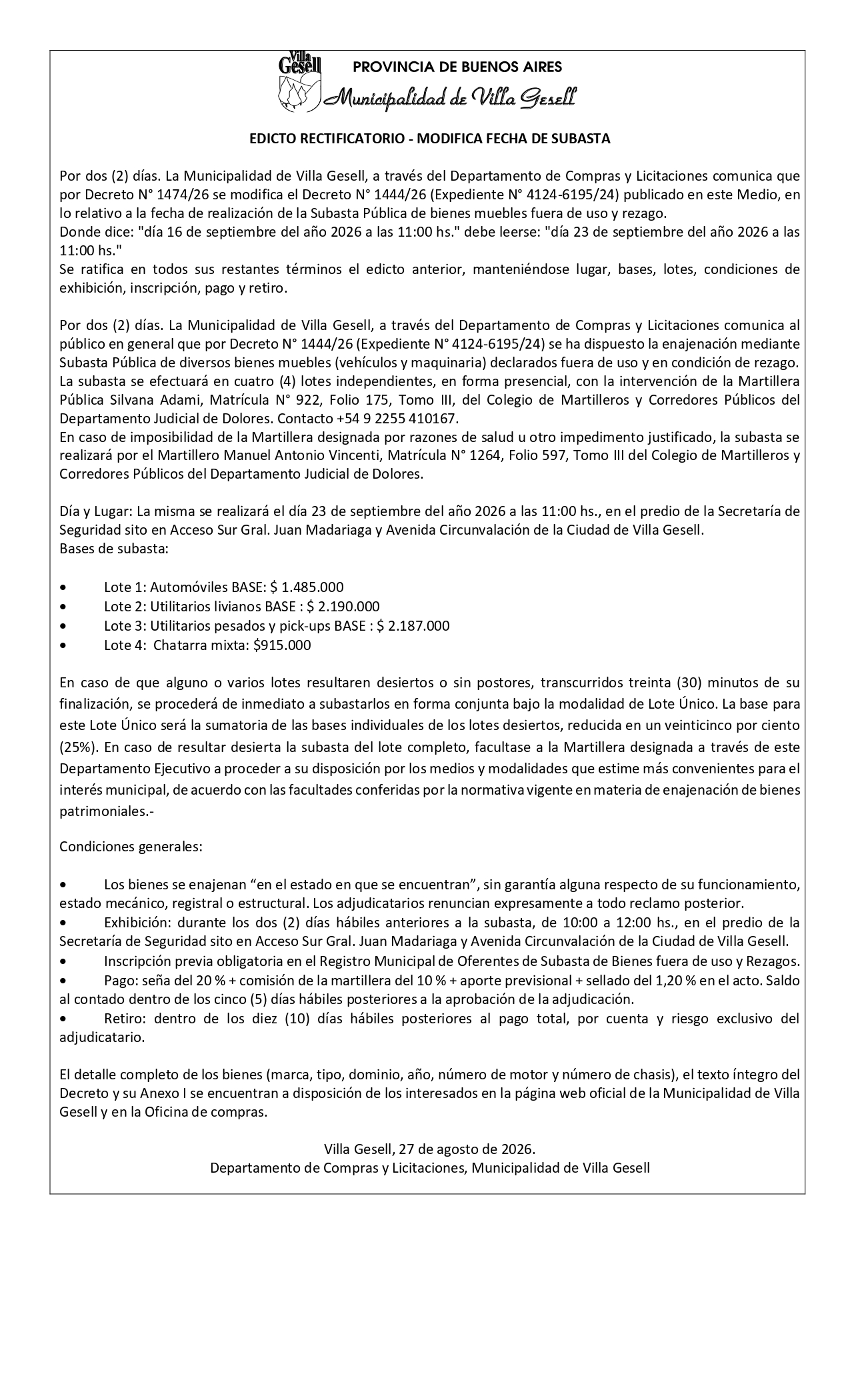 Publicación Subasta Pública