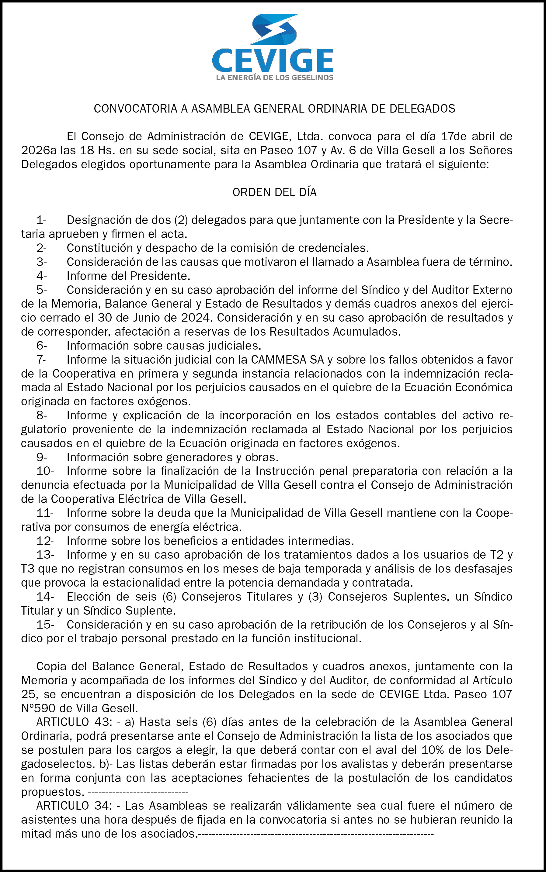 CONVOCATORIA A ASAMBLEA GENERAL ORDINARIA DE DELEGADOS