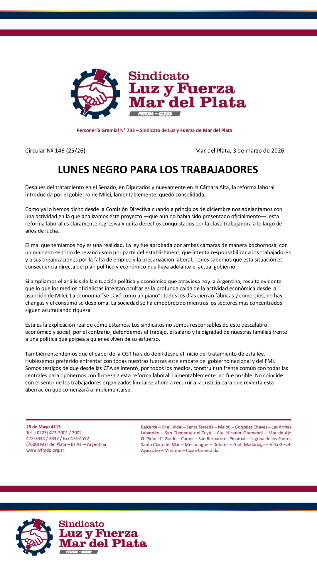 Reforma laboral. Postura de Luz y Fuerza Mar del Plata