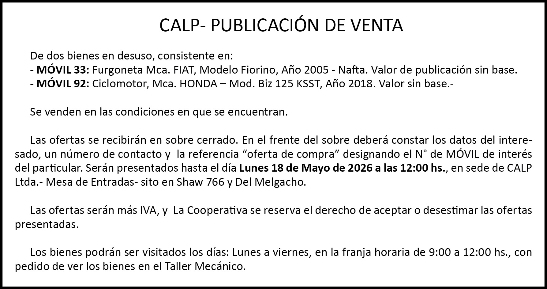 CALP- PUBLICACI&Oacute;N DE VENTA